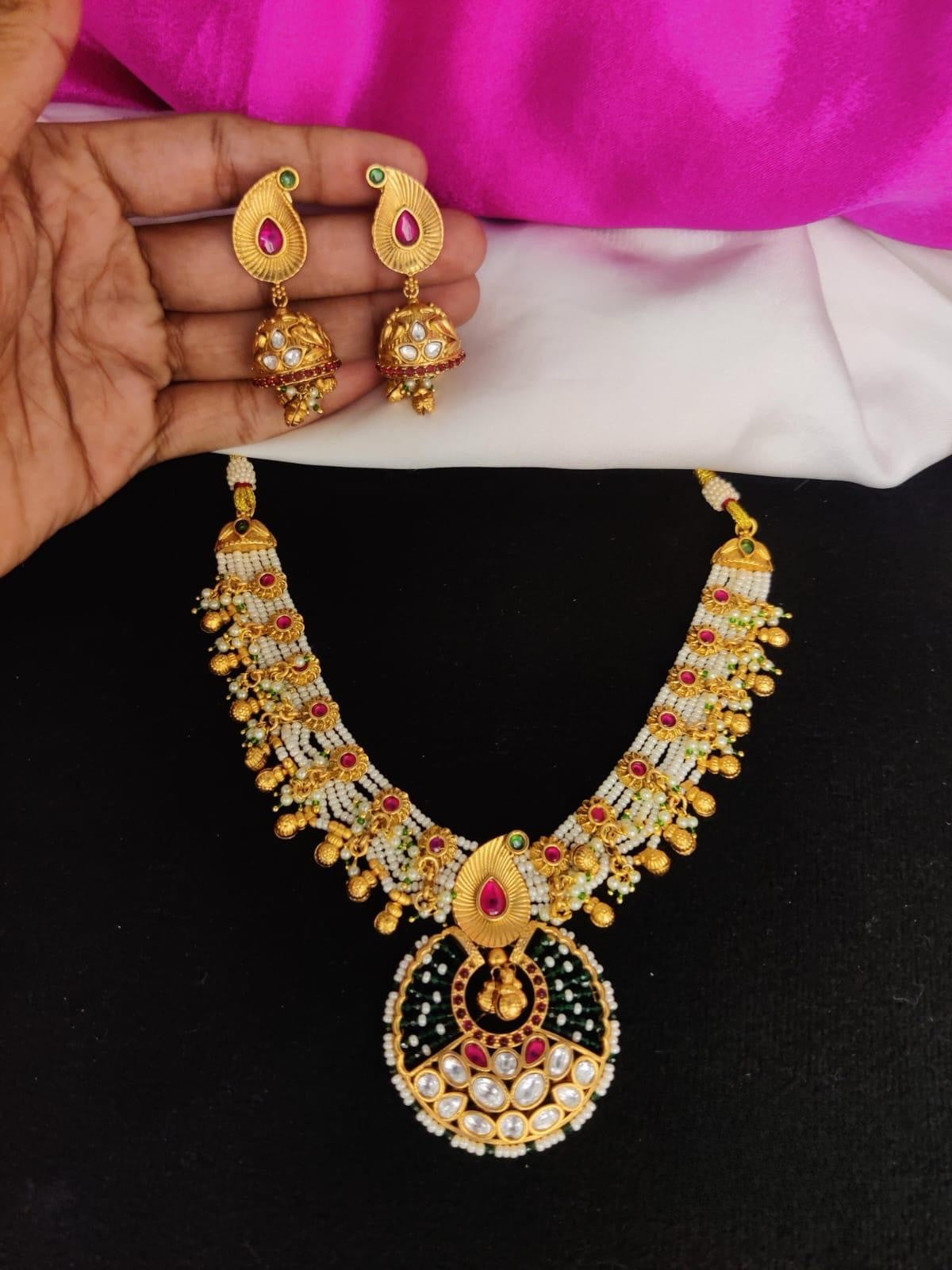 Rajwadi Design pearl Necklace Set - Chanbali Pendant