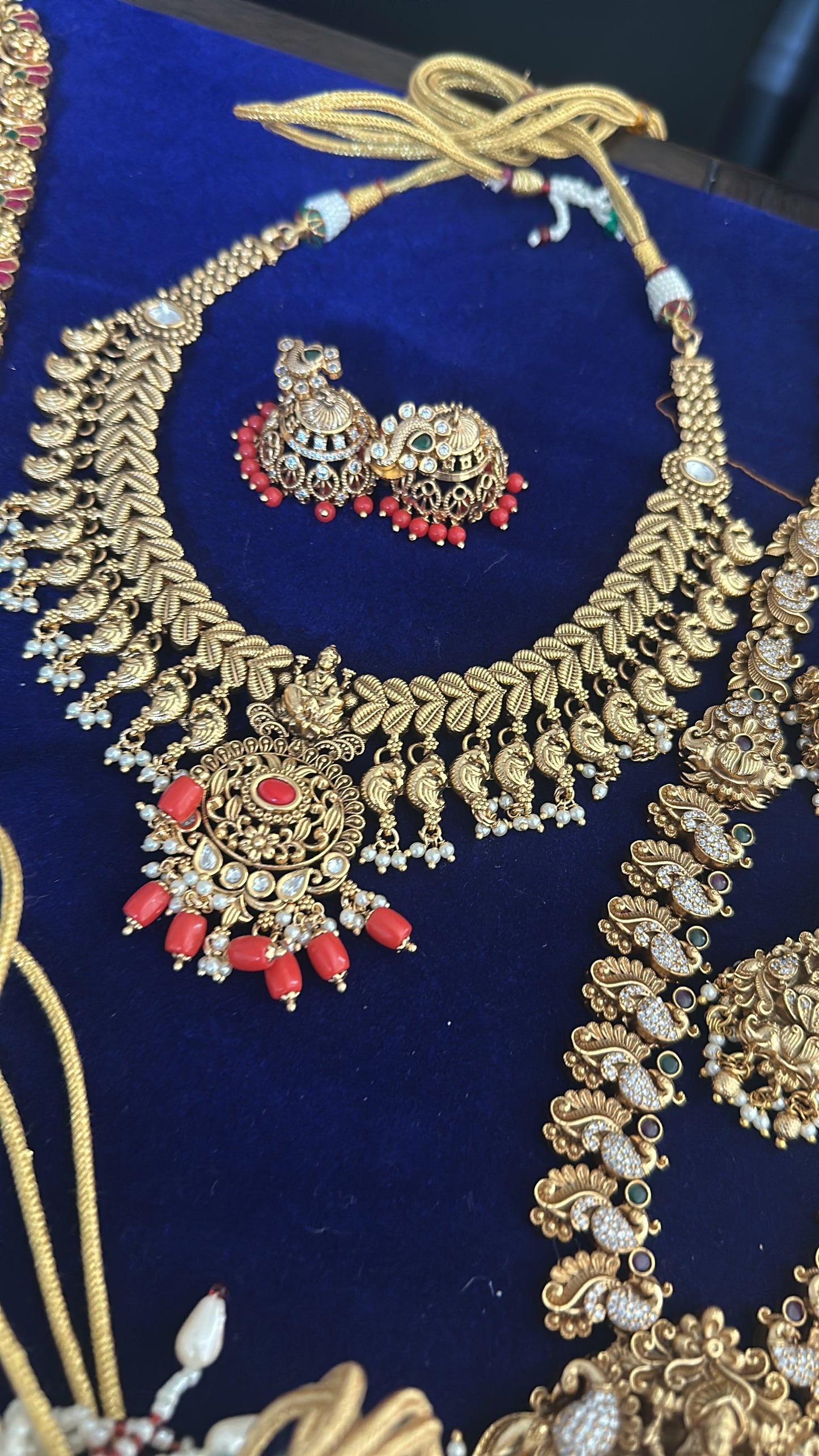 Short Nakshi Design Necklace Set with Coral Beeds and Jhumkas