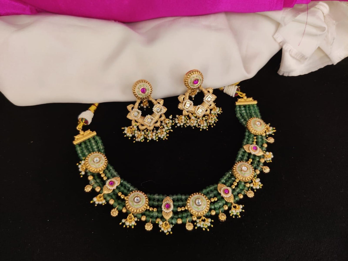Green crystal beads choker Set - Rajwadi Design