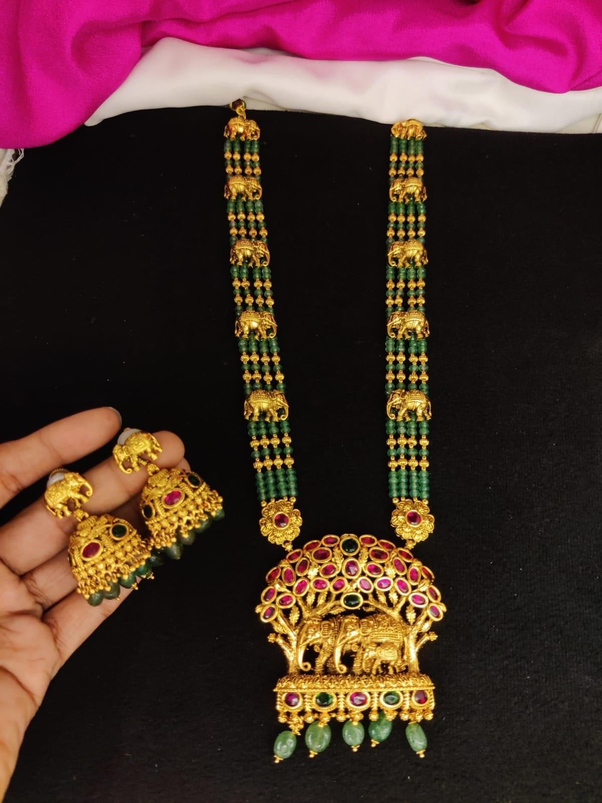 Long green beads elephant design mala with earrings