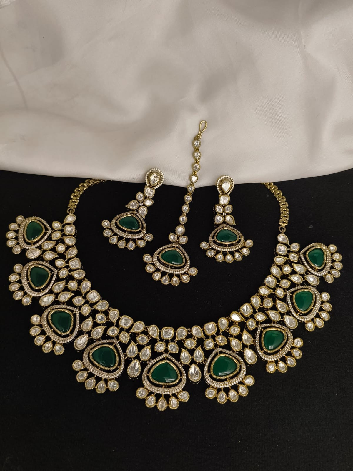 Green Stone Mossionite Kundan Set with Earrings and Tika