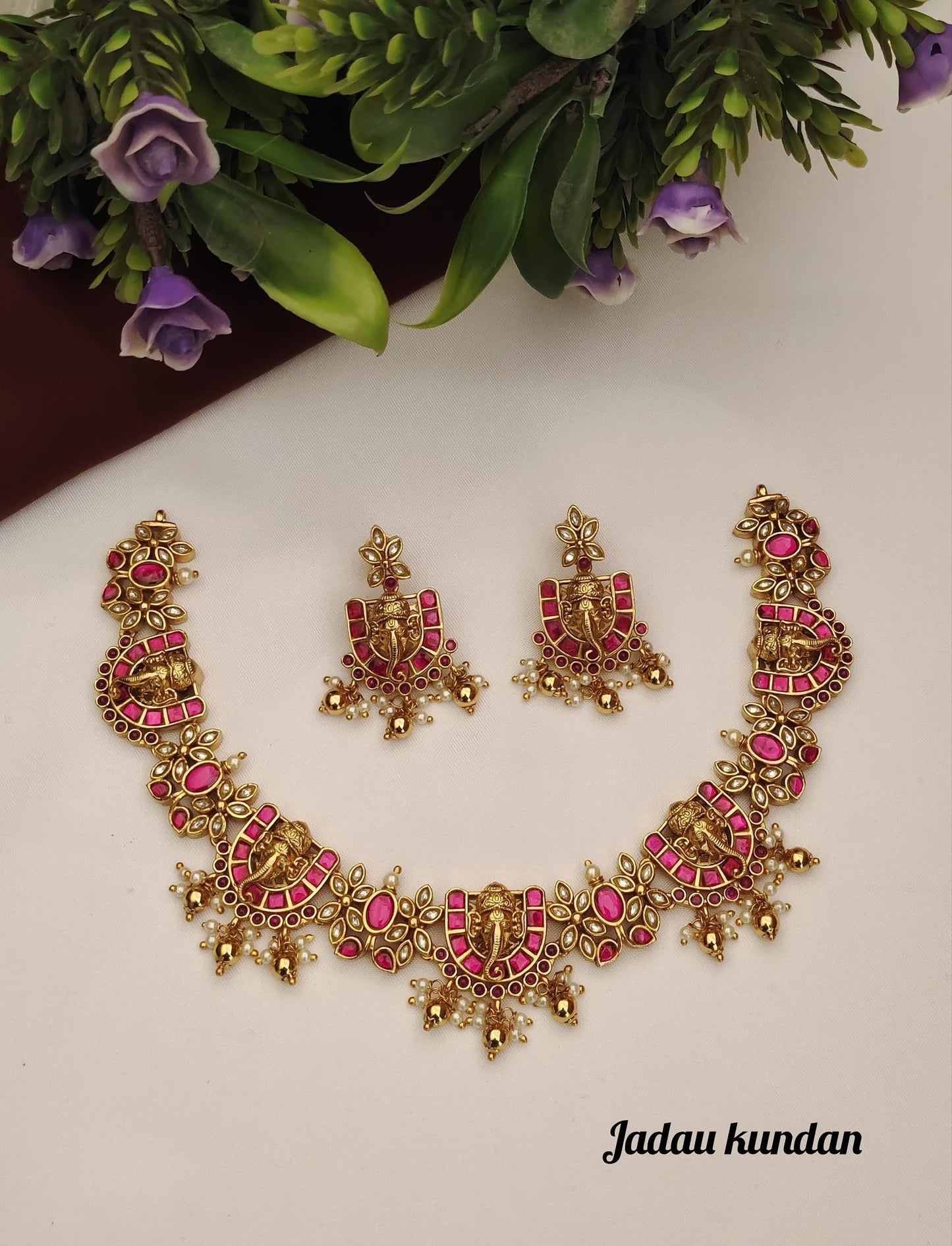 Pink stone Jadau necklace set - Ganesh