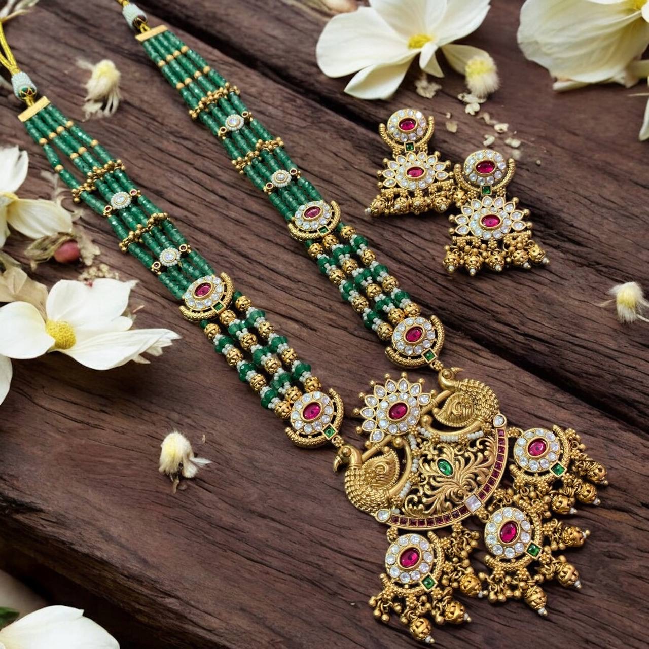 Rajwadi design long pendant set with studs - Peacock Design