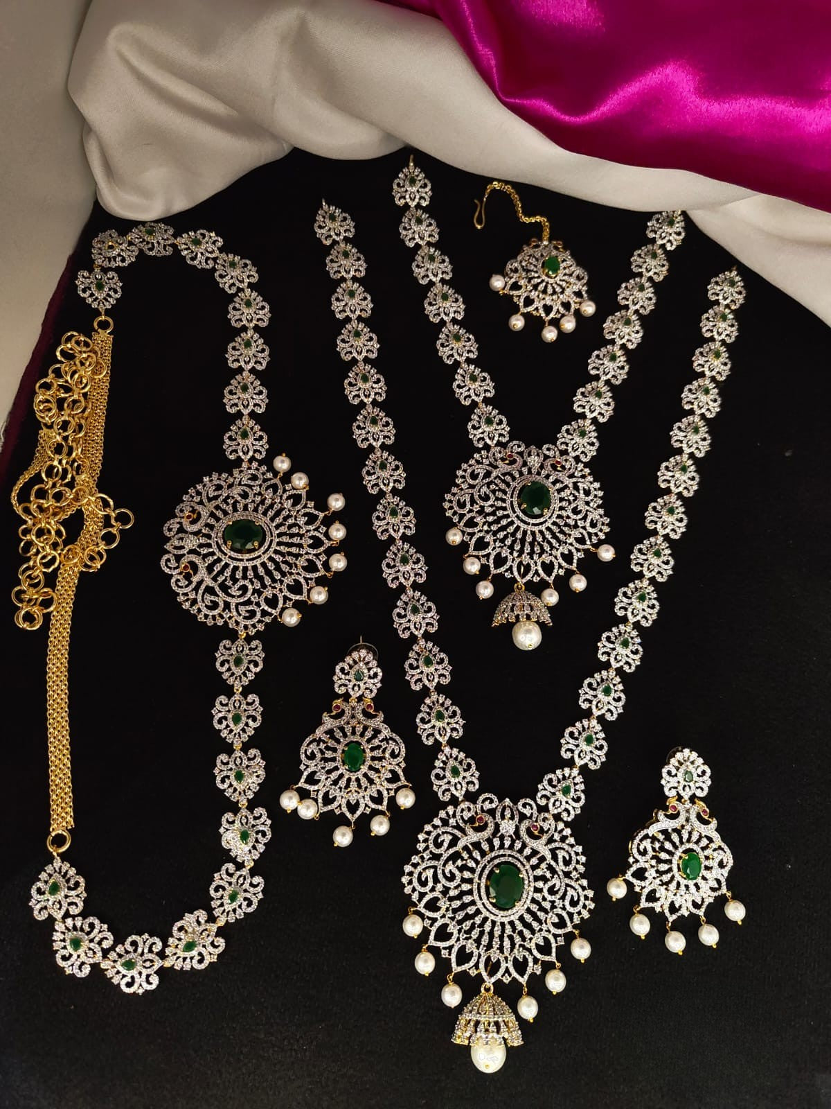 Bridal CZ set in Green stone with Earrings Hipbelt and Tika