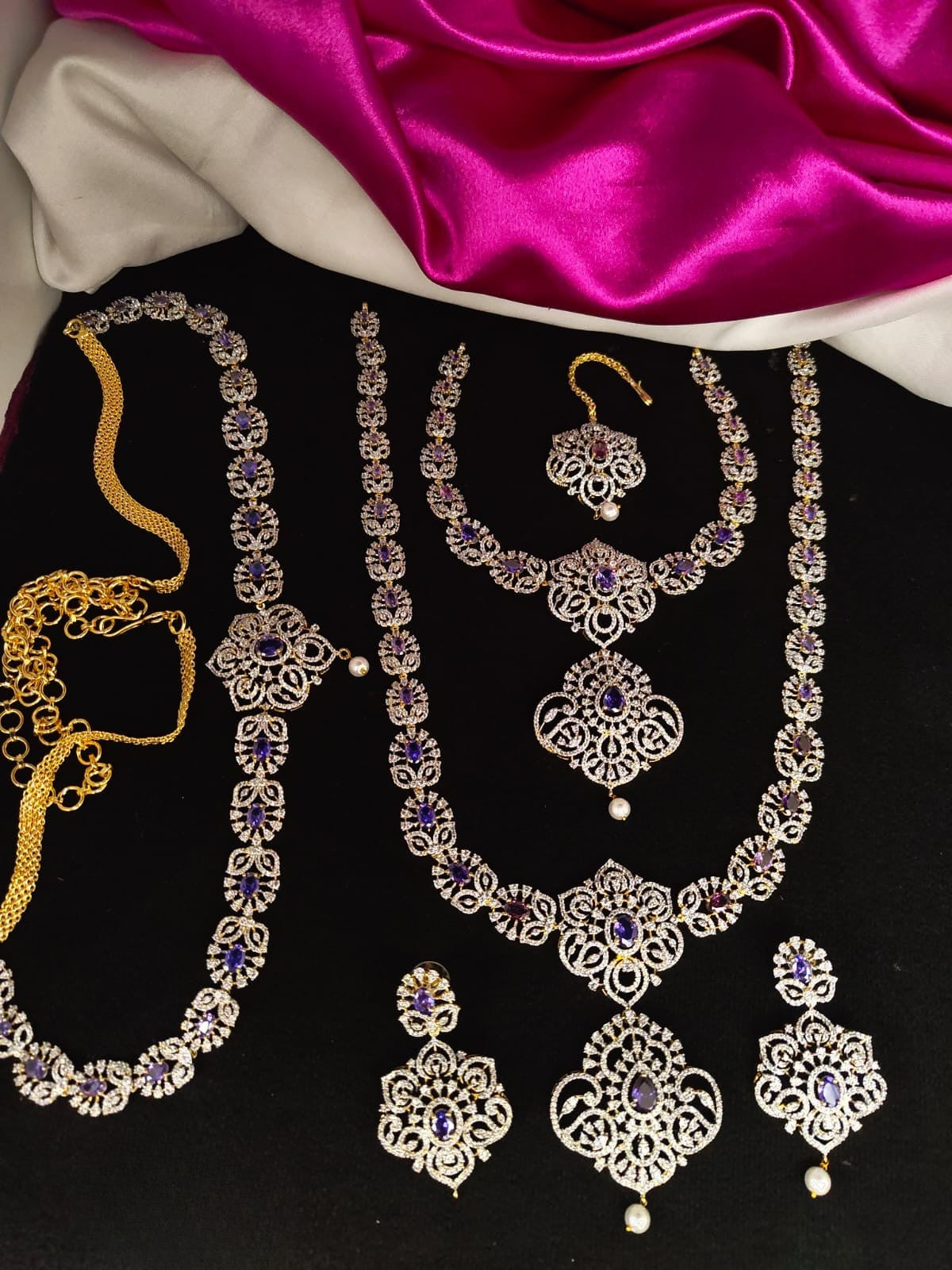 Amethyst Stone Bridal CZ Set with Earrings Hipbelt and Tika