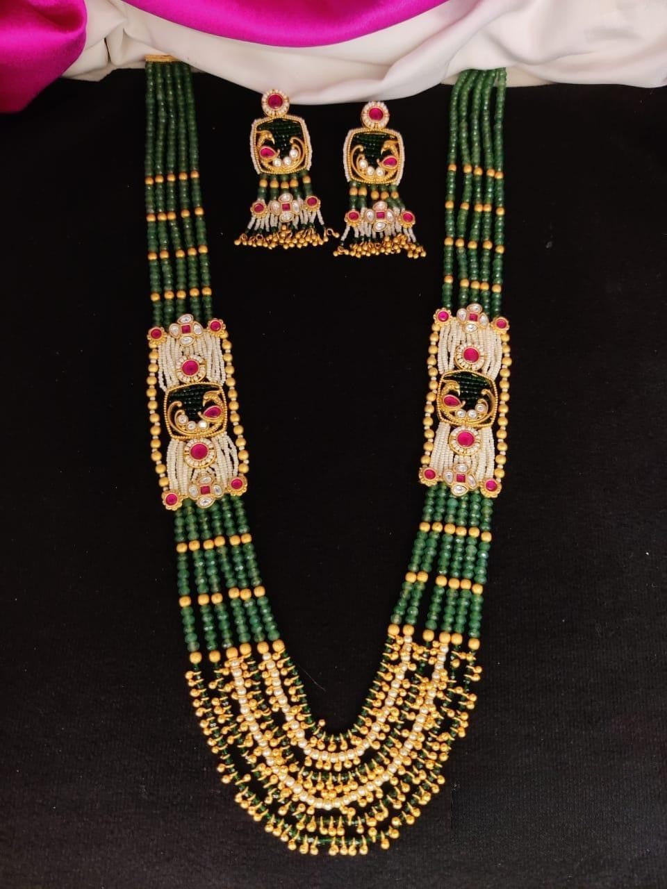 Long Green beads mala with peacock stud earrings