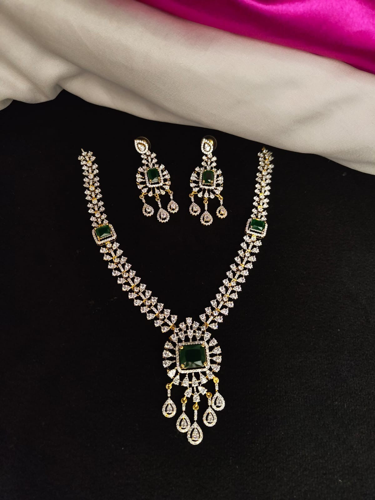 Green Stone CZ Pendant Set with Earrings