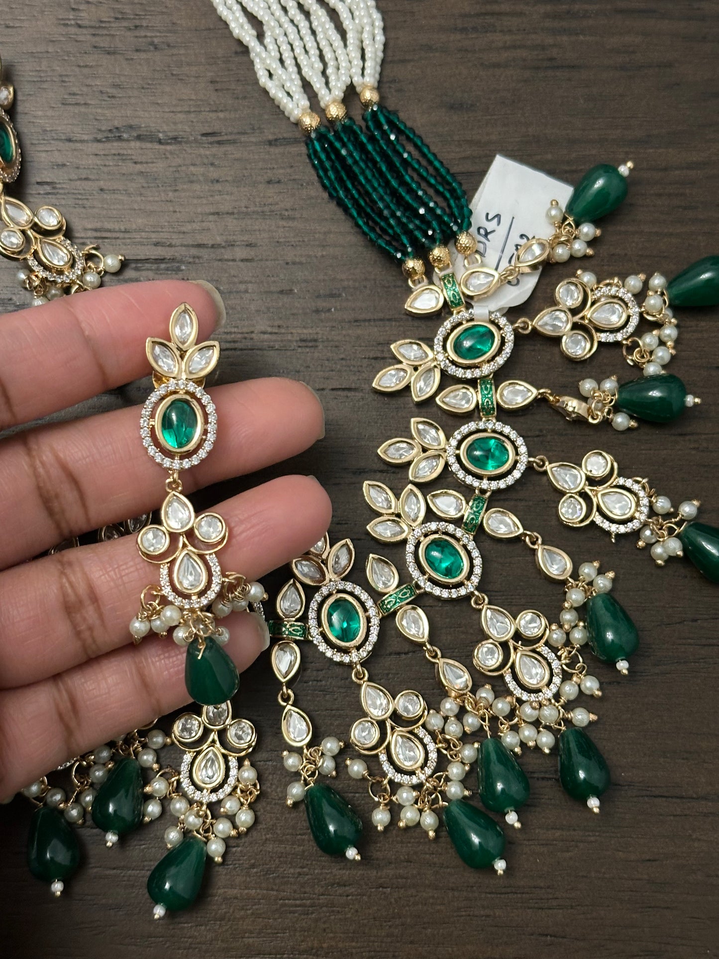 Emerald Stone White Pearl Kundan Necklace Set with Earrings