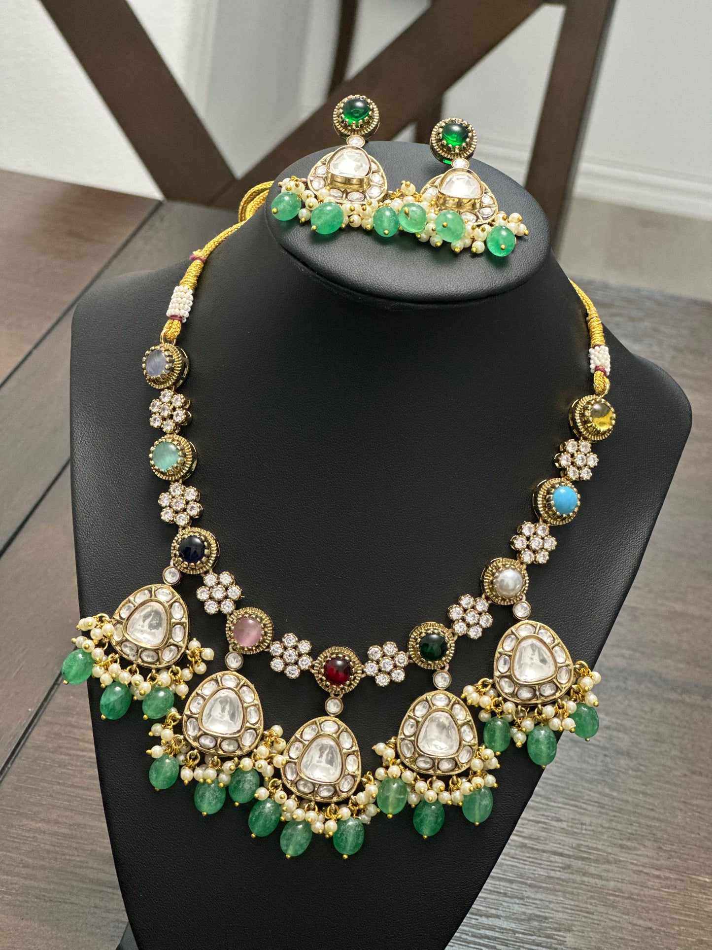 Multicolor Kundan Necklace Set - Pink, Green