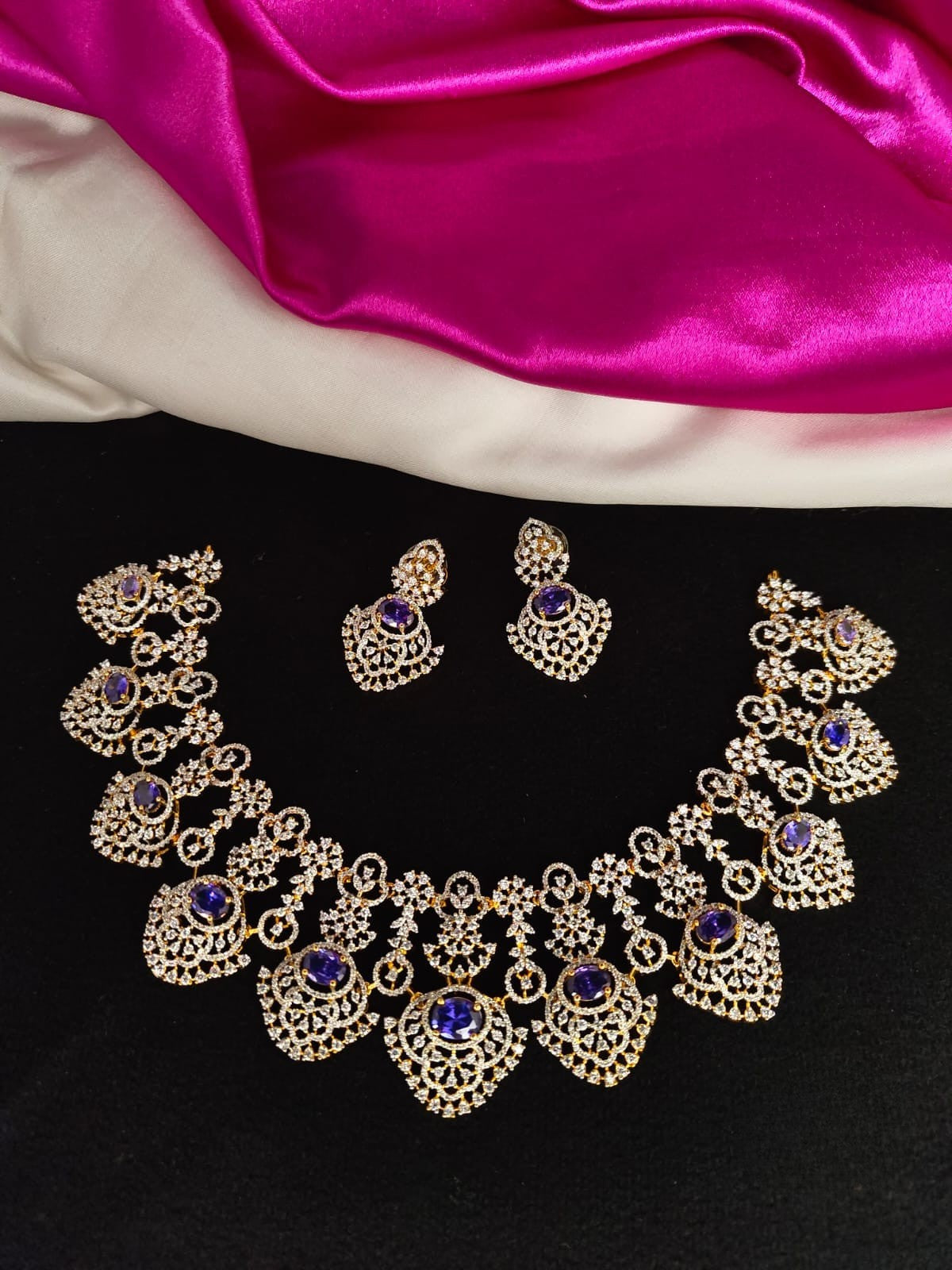 Amethyst Stone CZ Necklace Set with Earrings