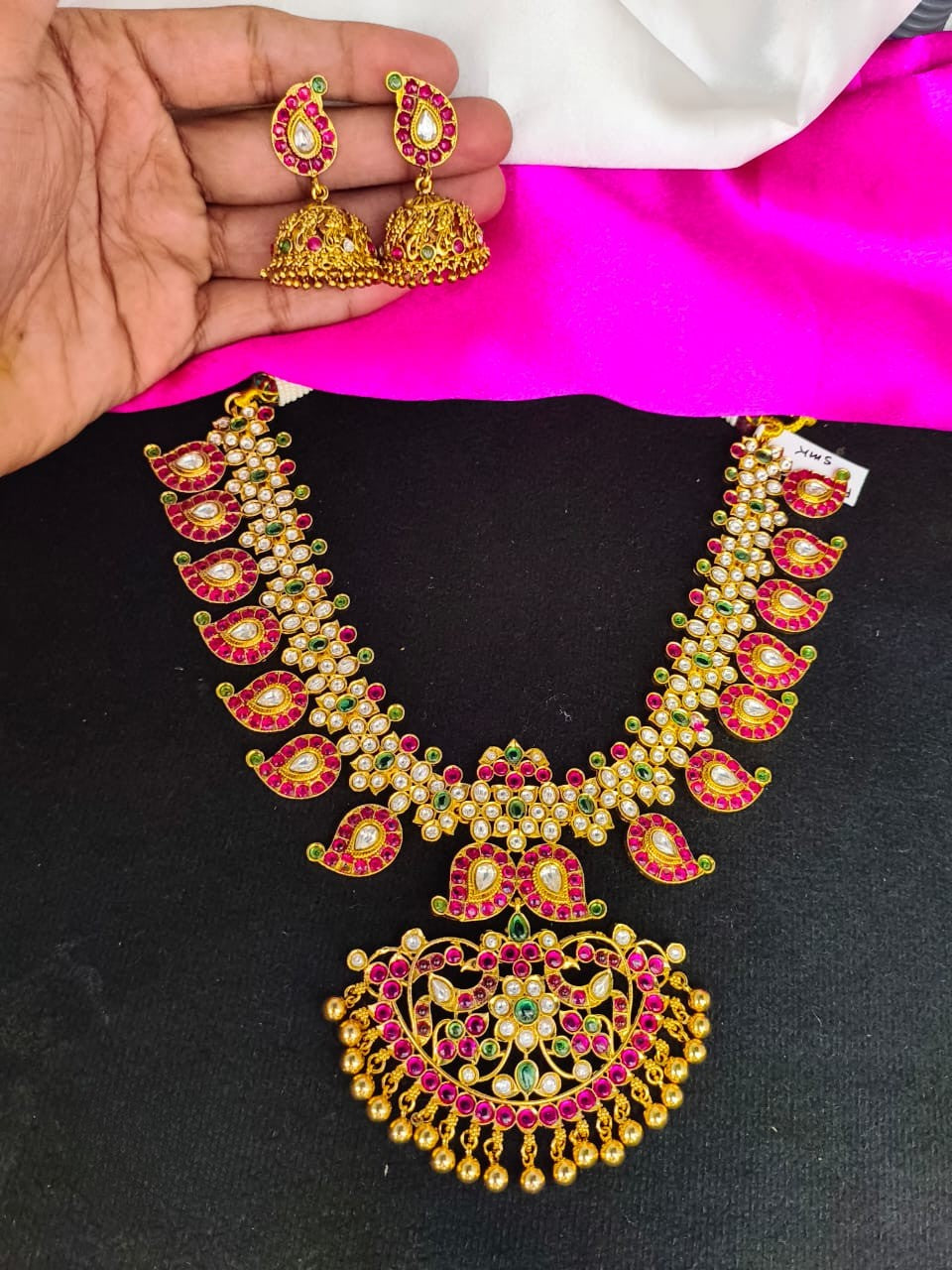 Traditional Kempu Necklace Set With Jhumka Earrings