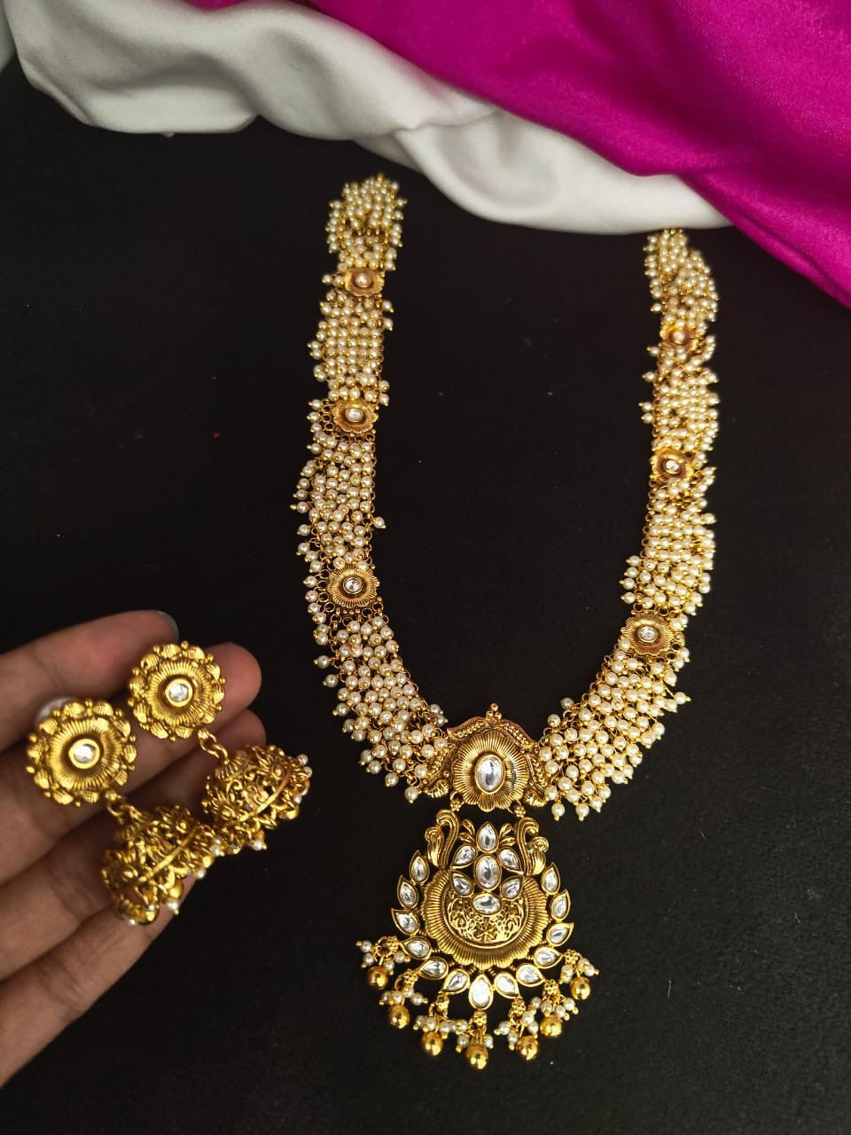 Cluster Pearls Long Necklace Set with Earrings