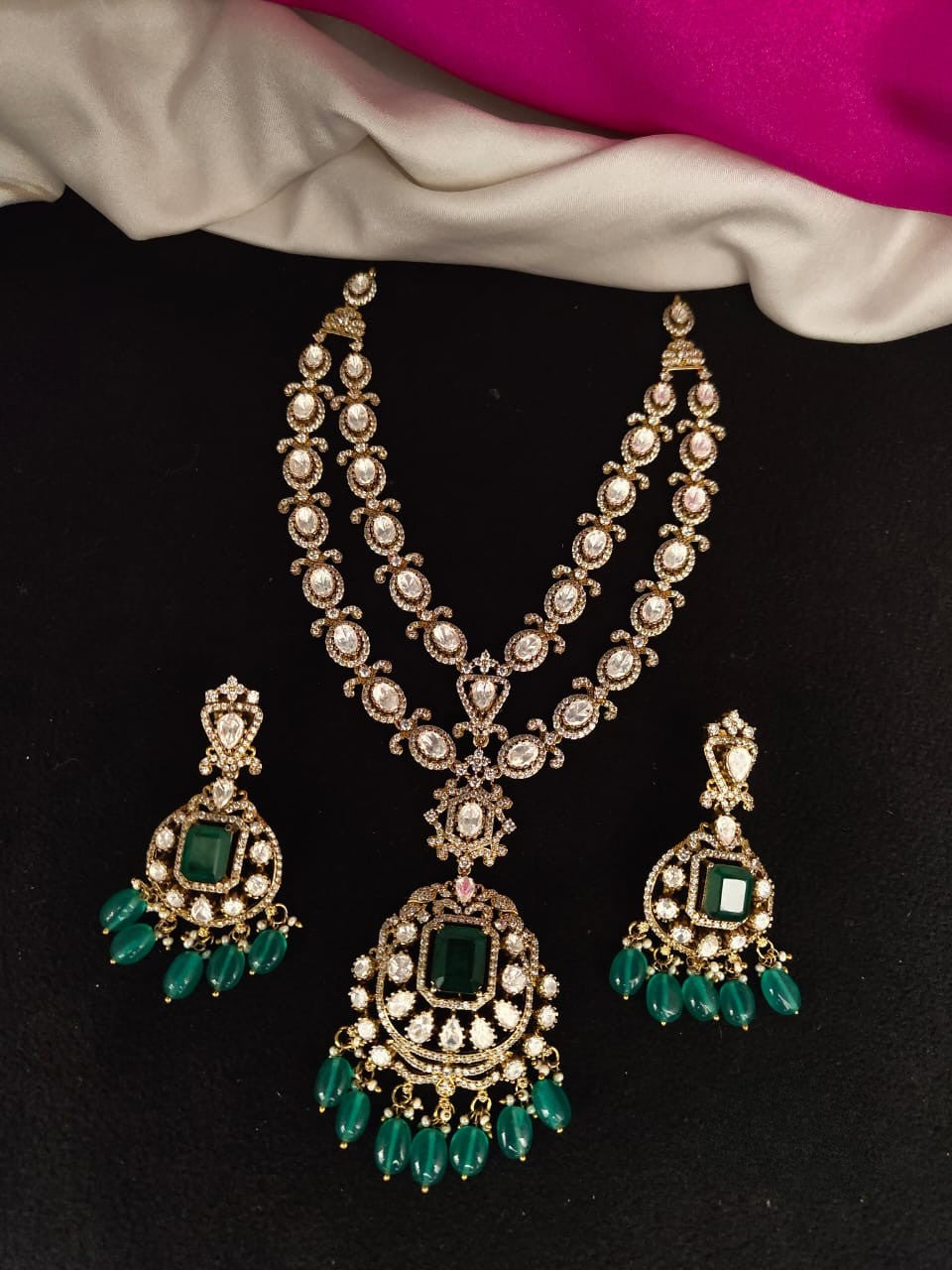 2 Layer Green Victorian Finish Mossionite Kundan Set with Earrings