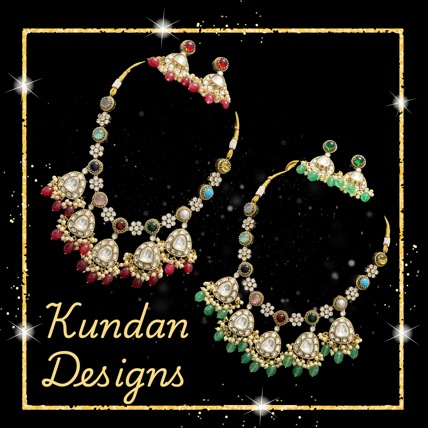 Multicolor Kundan Necklace Set - Pink, Green