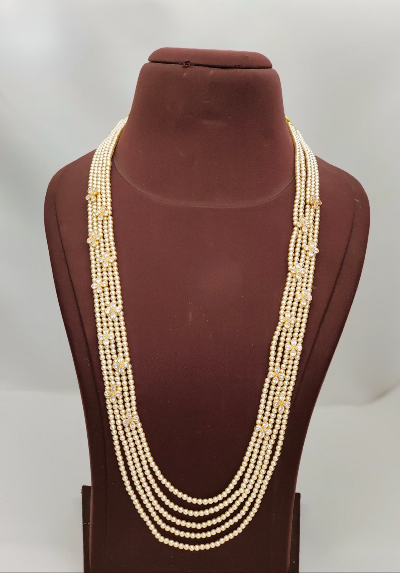 Beautiful 5 Strands Pearl Mala with Polki Stones