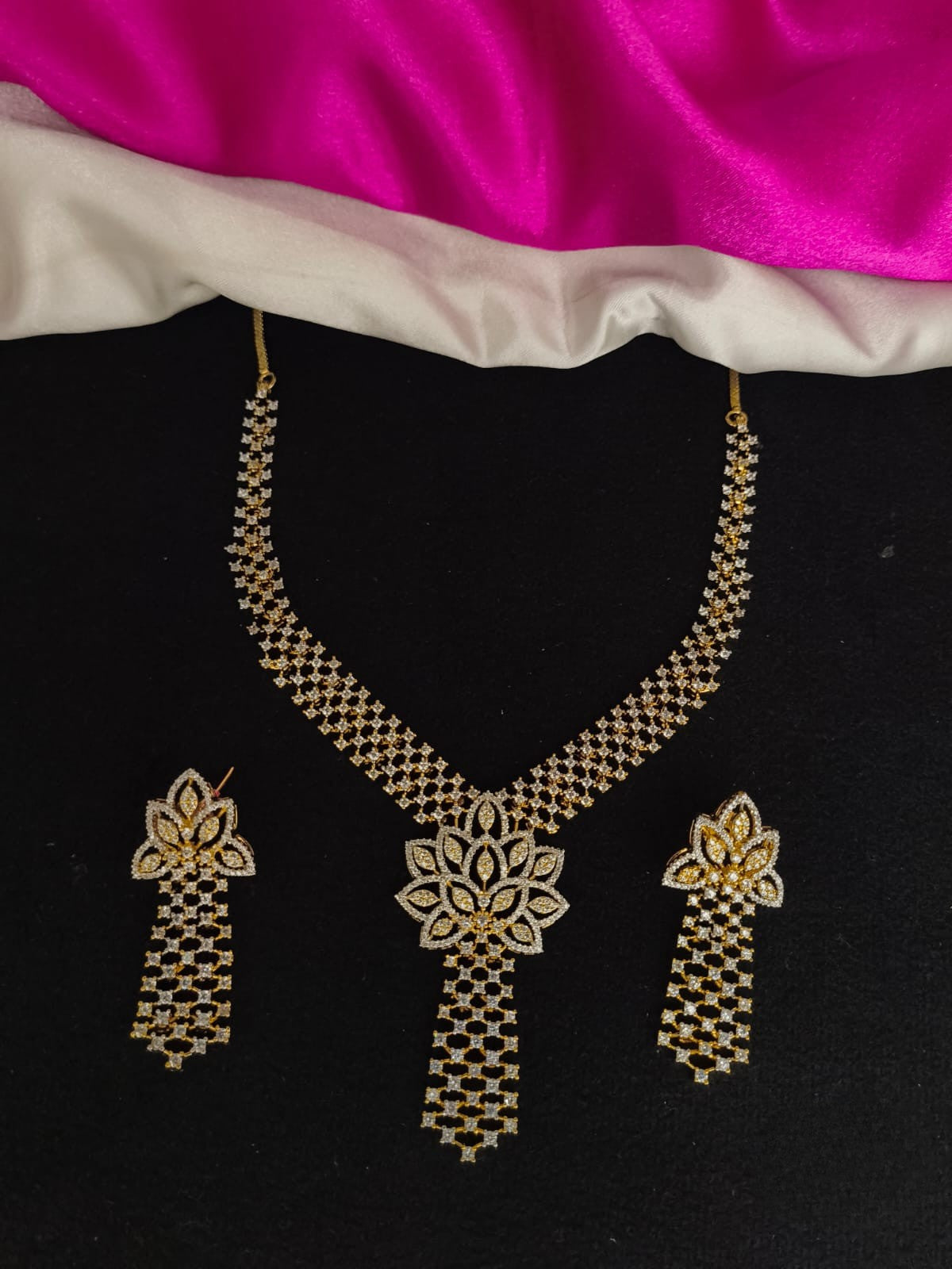 Pretty Flower design CZ stone set with dangling earrings