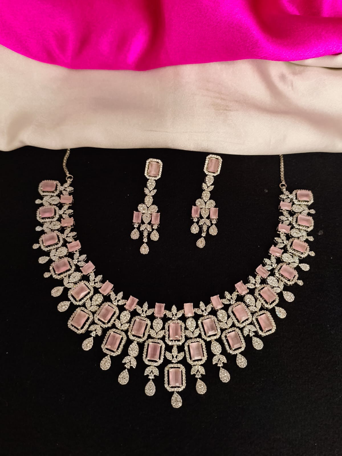 Baby Pink Silver Stone Necklace Set with Earrings