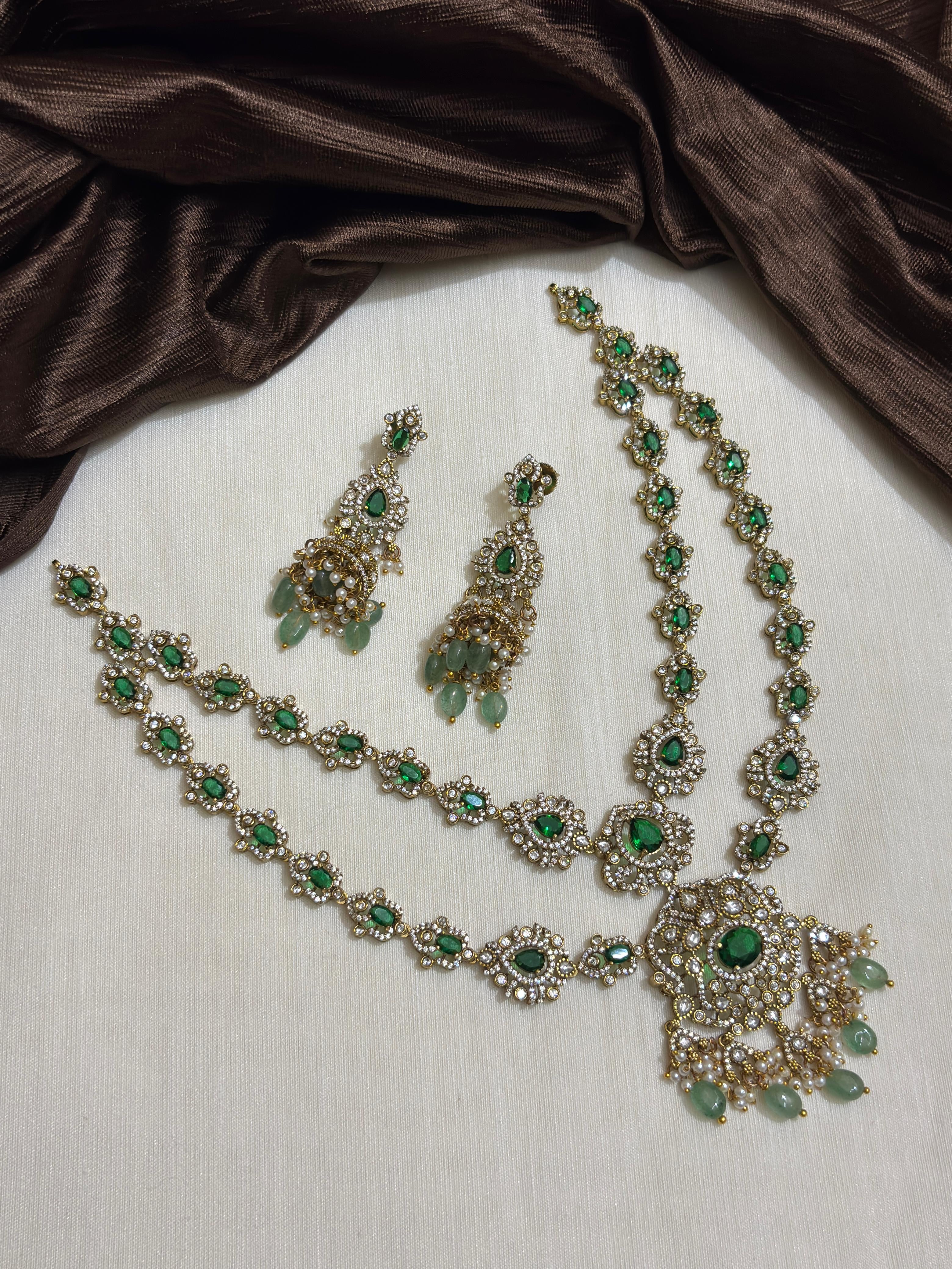 2 Layer Green Stone Mossionite Kundan & CZ Stone Set With Earrings