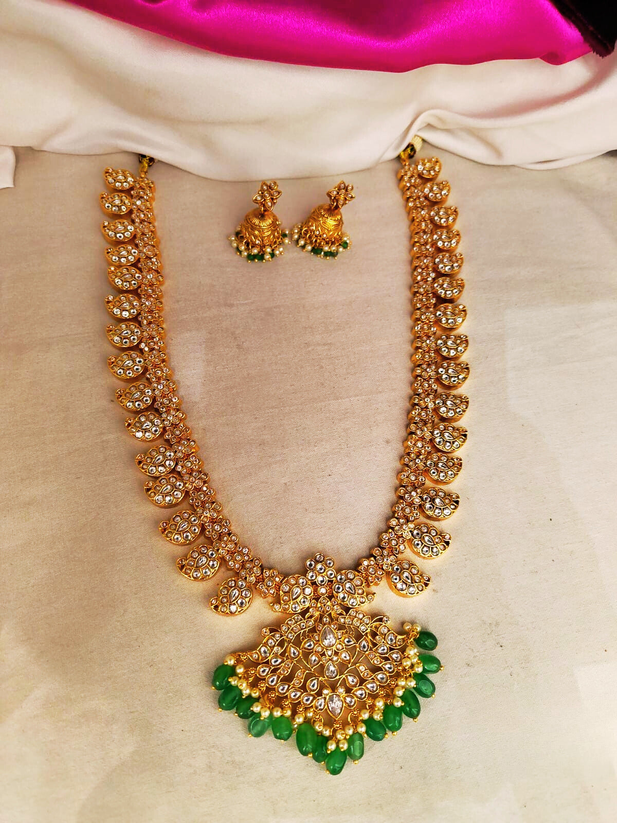 Traditional Long white Kundan Necklace Set with Earrings