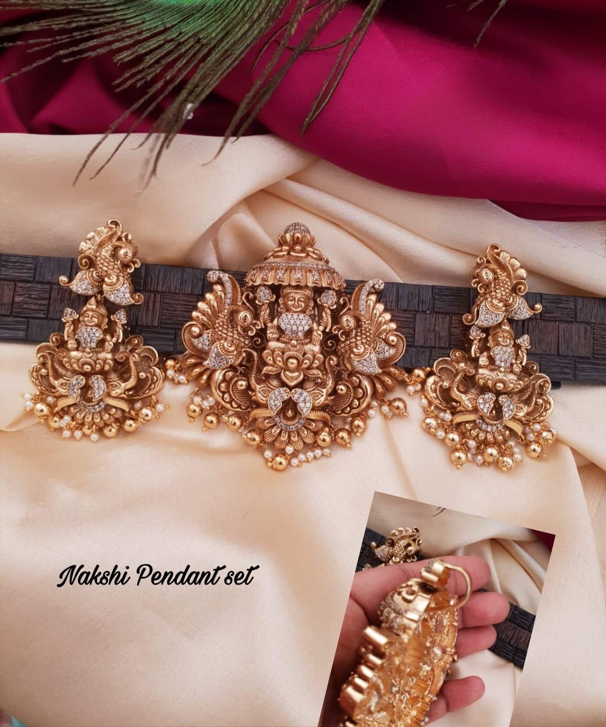 Nakshi Finish Heavy Lakshmi Pendant Set With Earrings