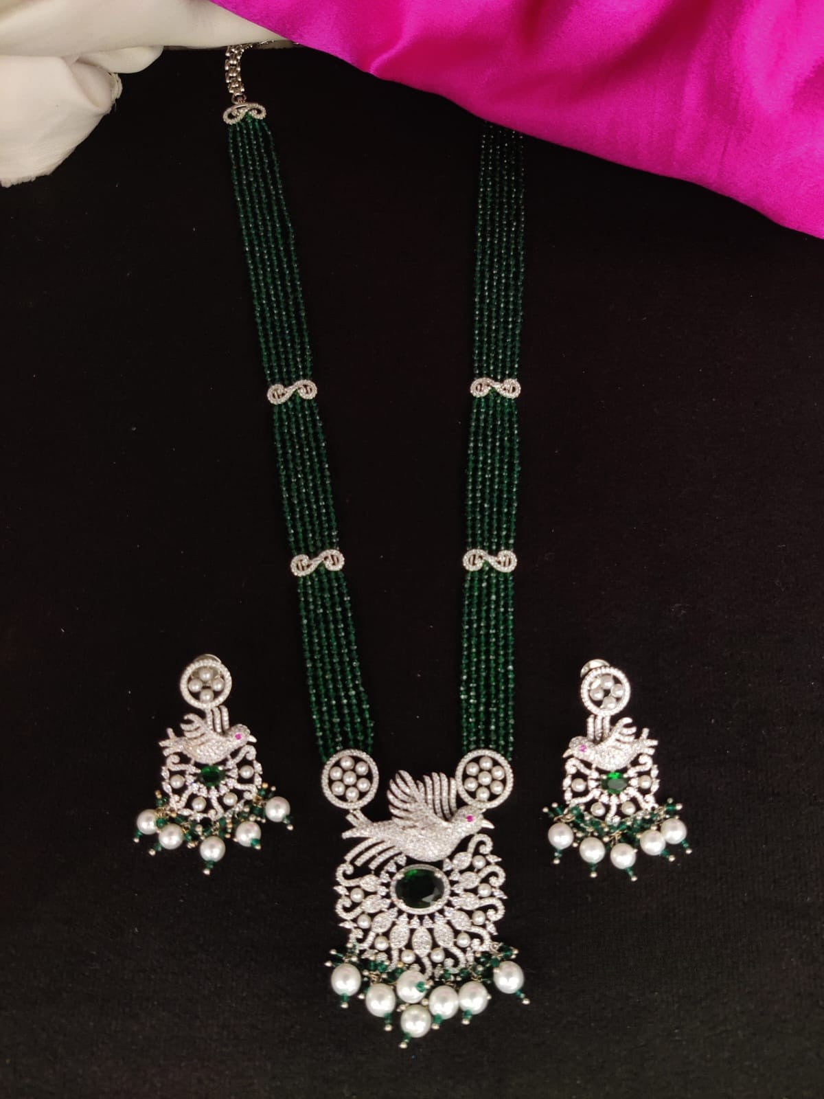 Long crystal beads set - Bird design -Green, Light pink,Maroon
