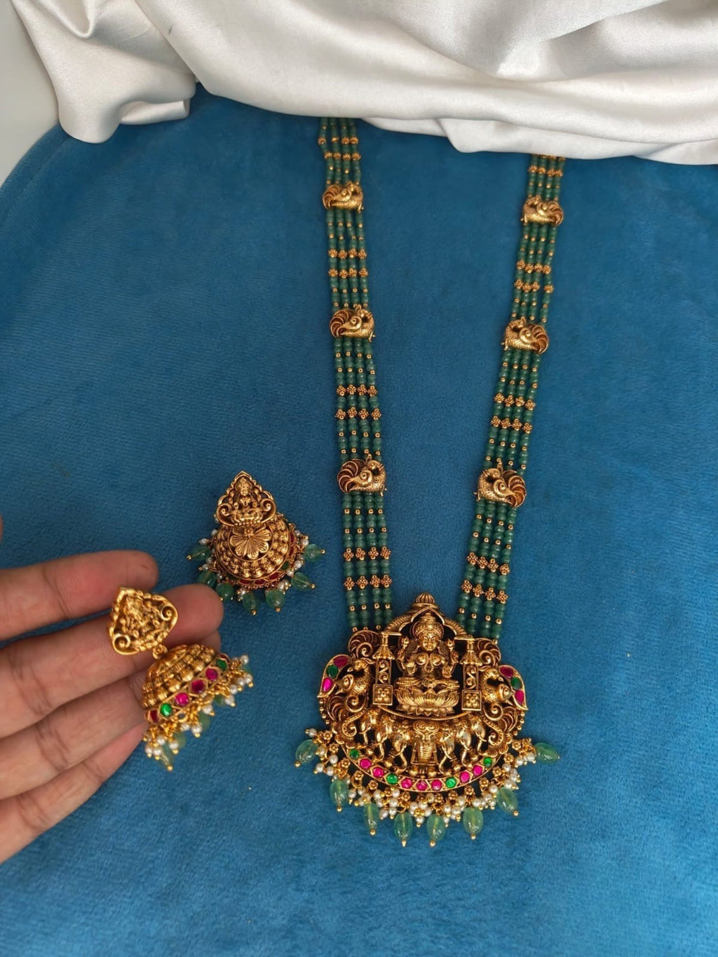 Green CZ Crystal Beads Pendant Set With Earrings