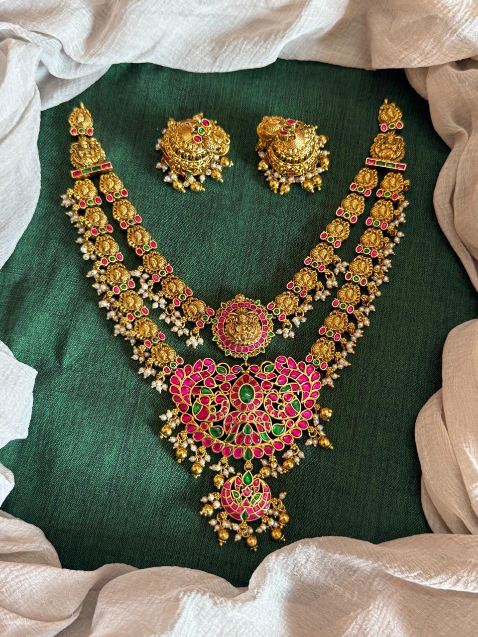 Two Layer Nakshi Finish Jadau Pendant Necklace With Jhumkas
