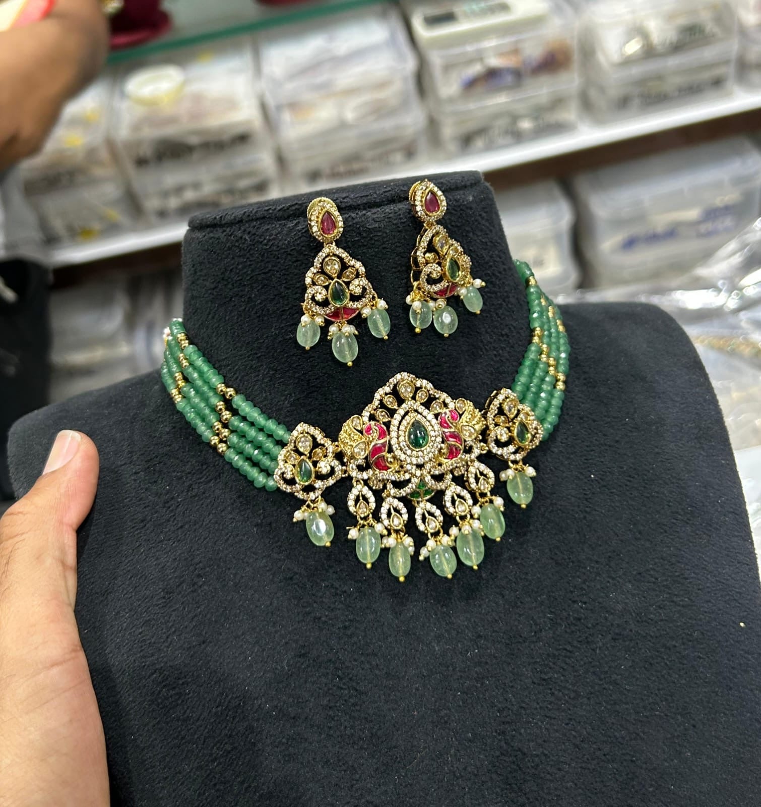 Green Crystal Beads Choker Set With Earrings