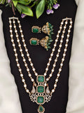 3 Layer Mossionite Kundan Set in Green with Jhumkas