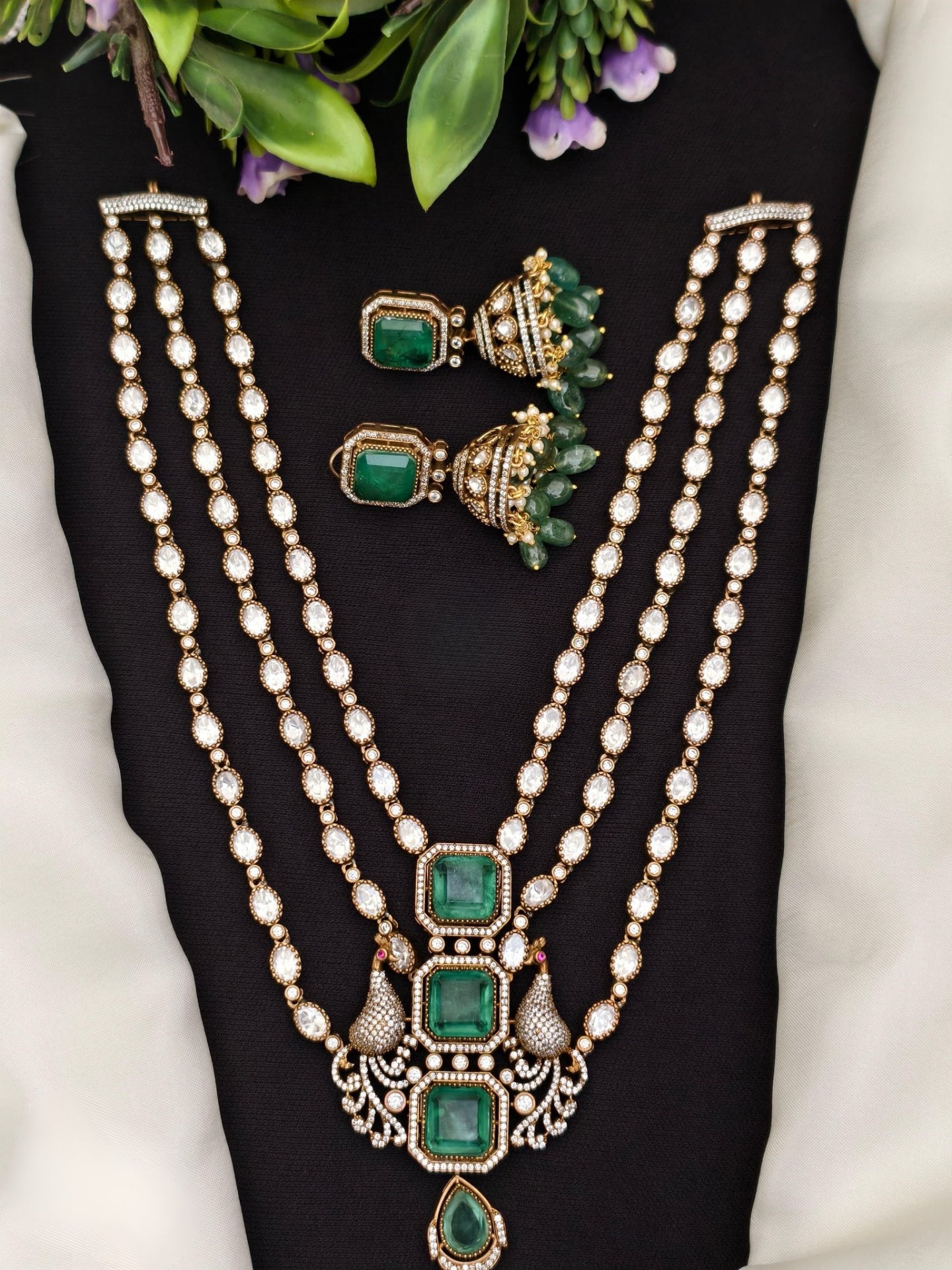 3 Layer Mossionite Kundan Set in Green with Jhumkas