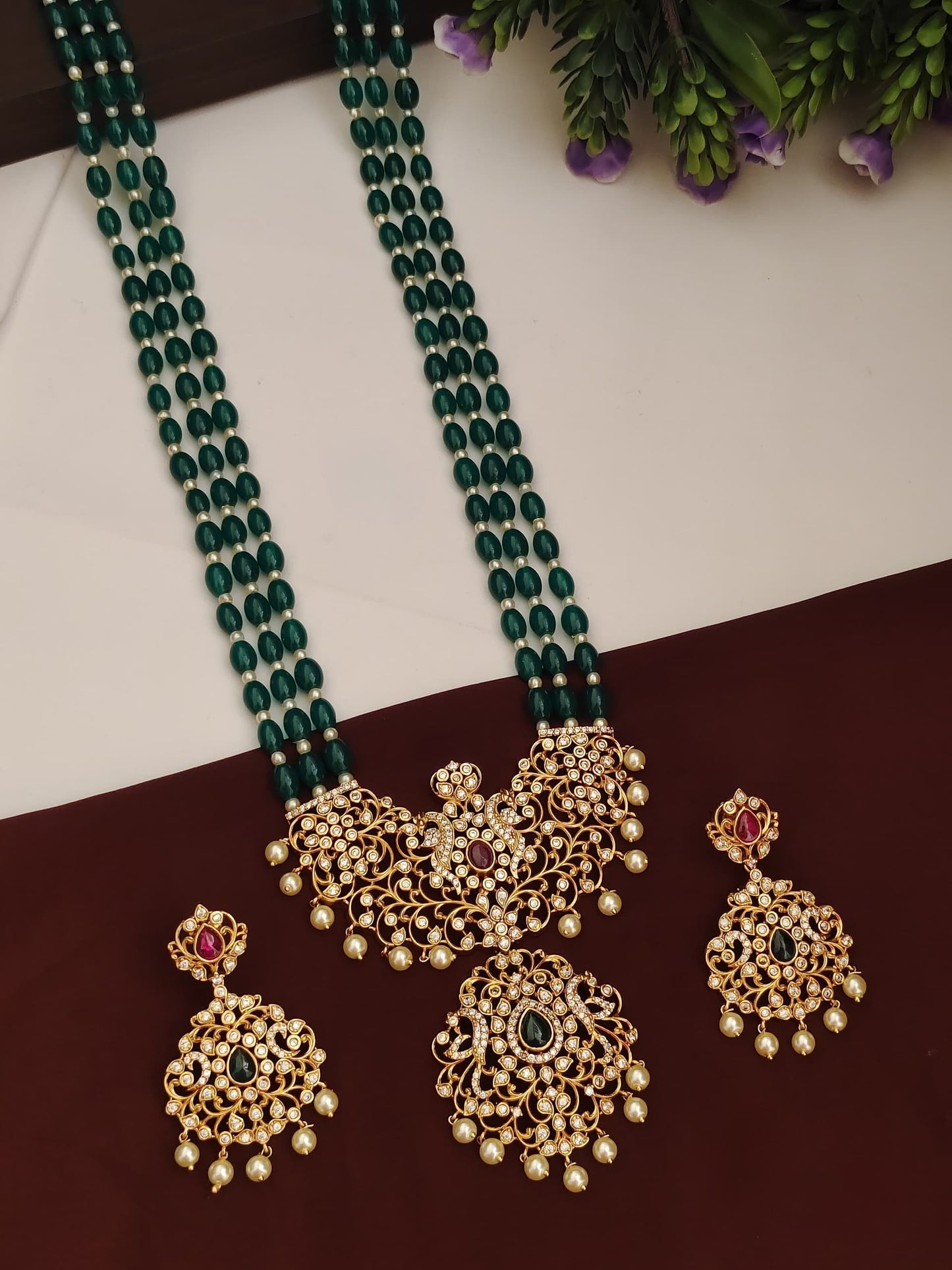 Green beads long pendant set with earrings