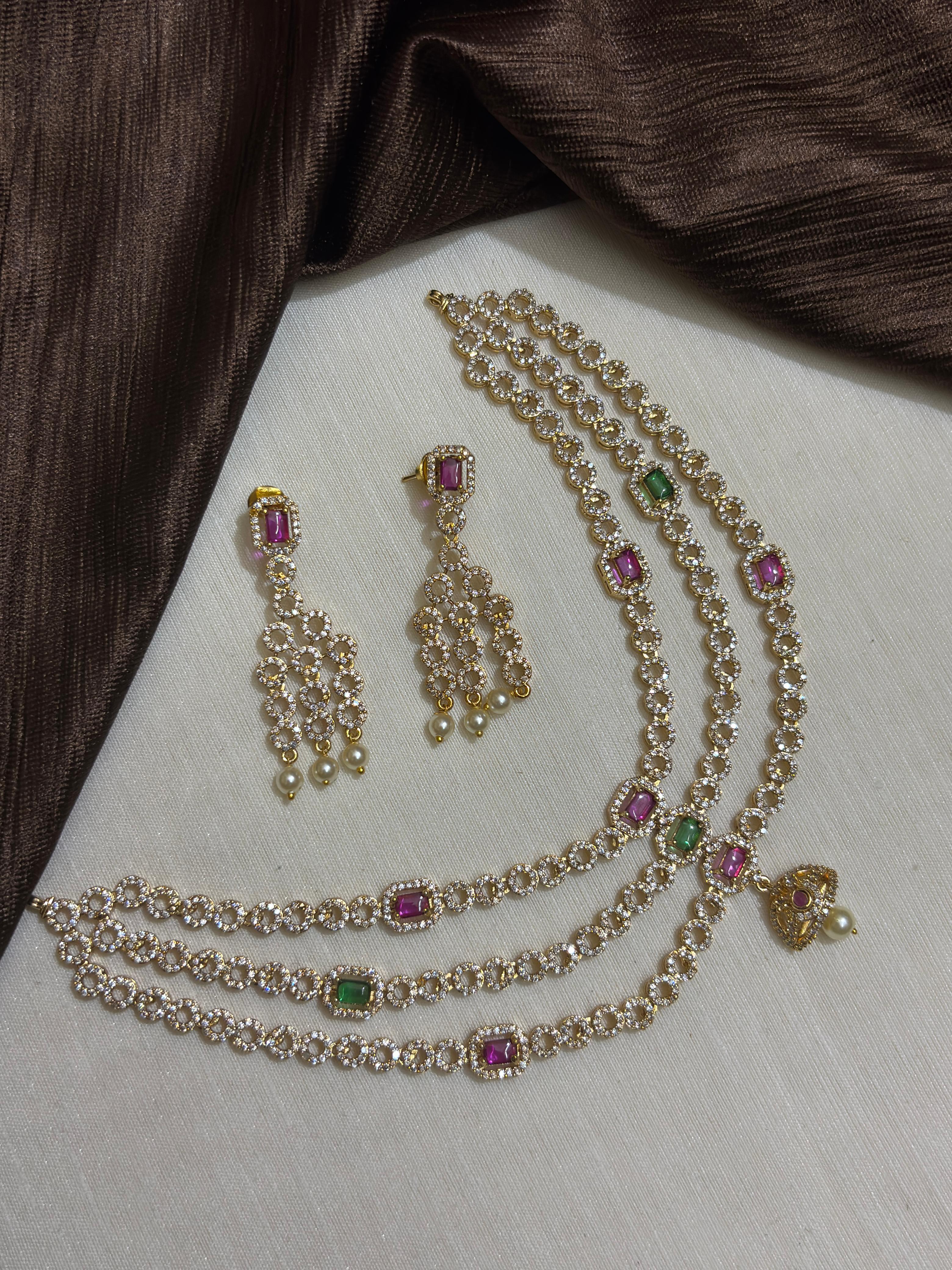3 Layer CZ Stone necklace Set With Earrings