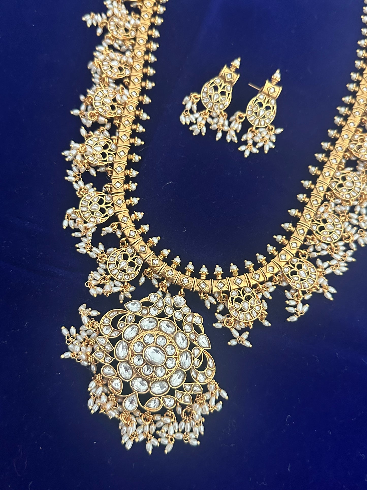White Kundan Guttapusalu Long Haram with Earrings