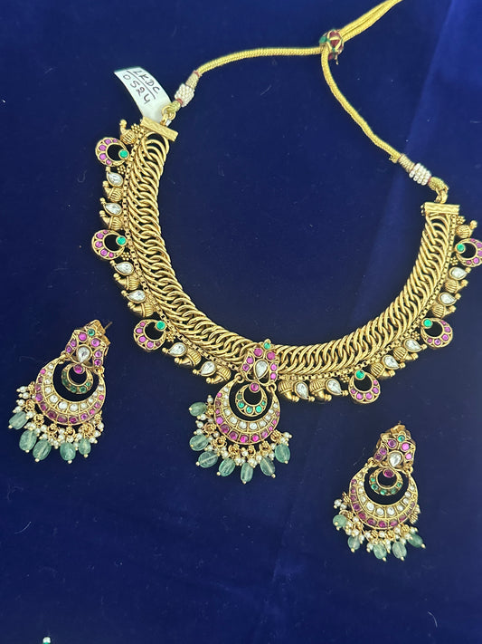 Jalebi Design Jadau Necklace Set with Chandbali Earrings