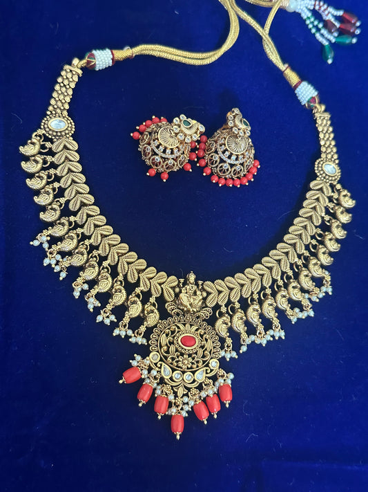 Short Nakshi Design Necklace Set with Coral Beeds and Jhumkas