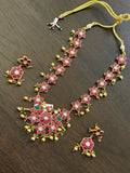 Flower Design Jadau Kundan Short Necklace Set With Earrings