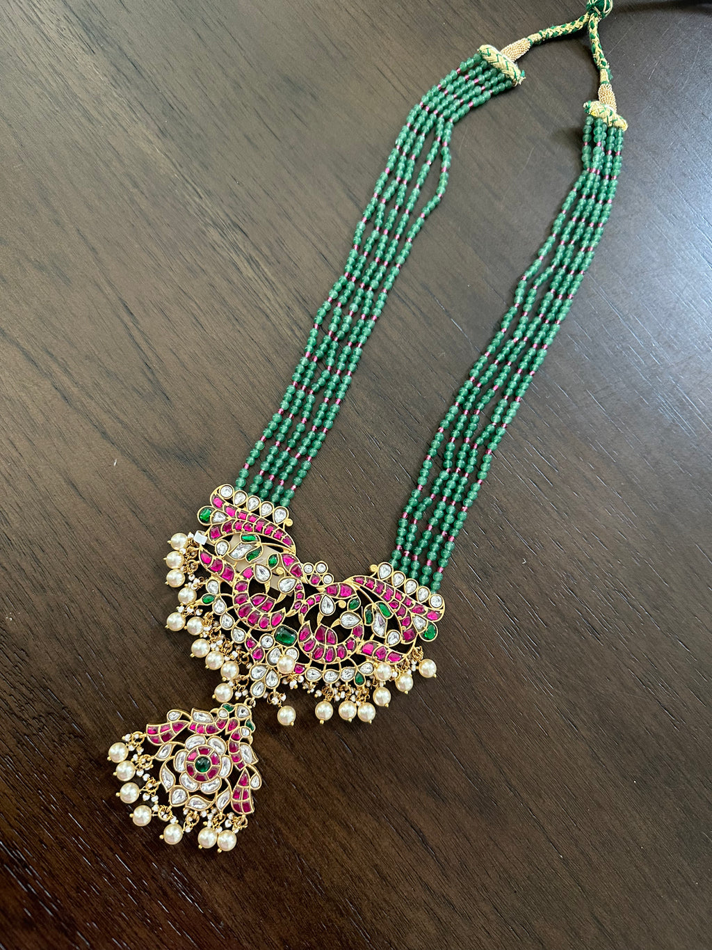 Jadau Kundan Green Beads Long Pendant Set