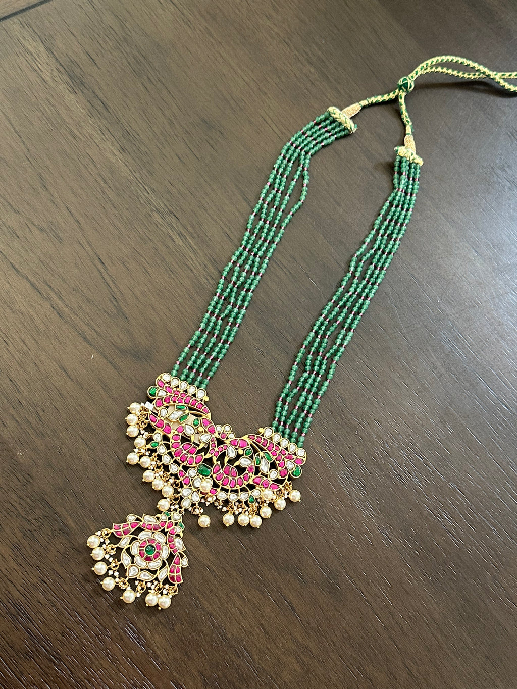 Jadau Kundan Green Beads Long Pendant Set