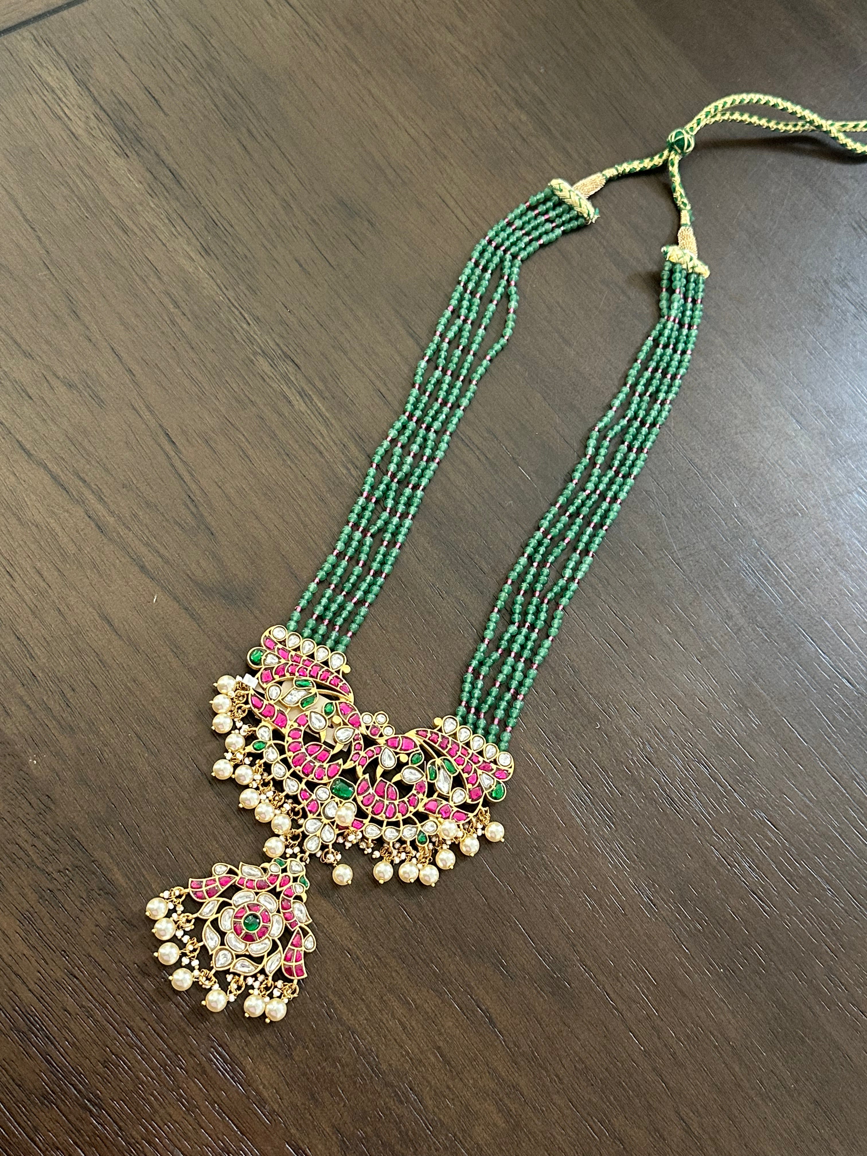 Jadau Kundan Green Beads Long Pendant Set