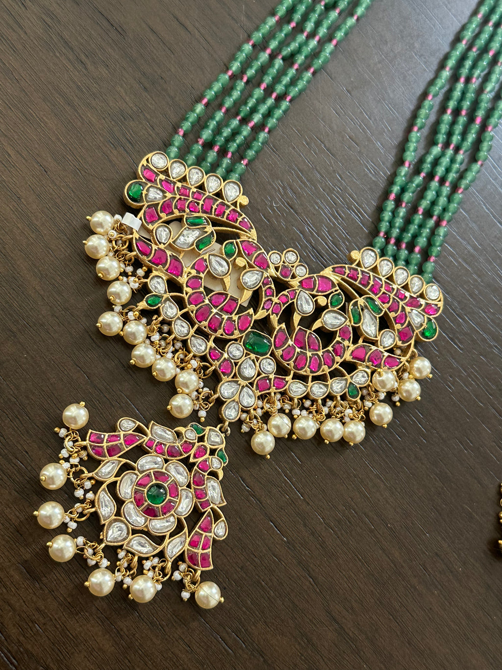 Jadau Kundan Green Beads Long Pendant Set