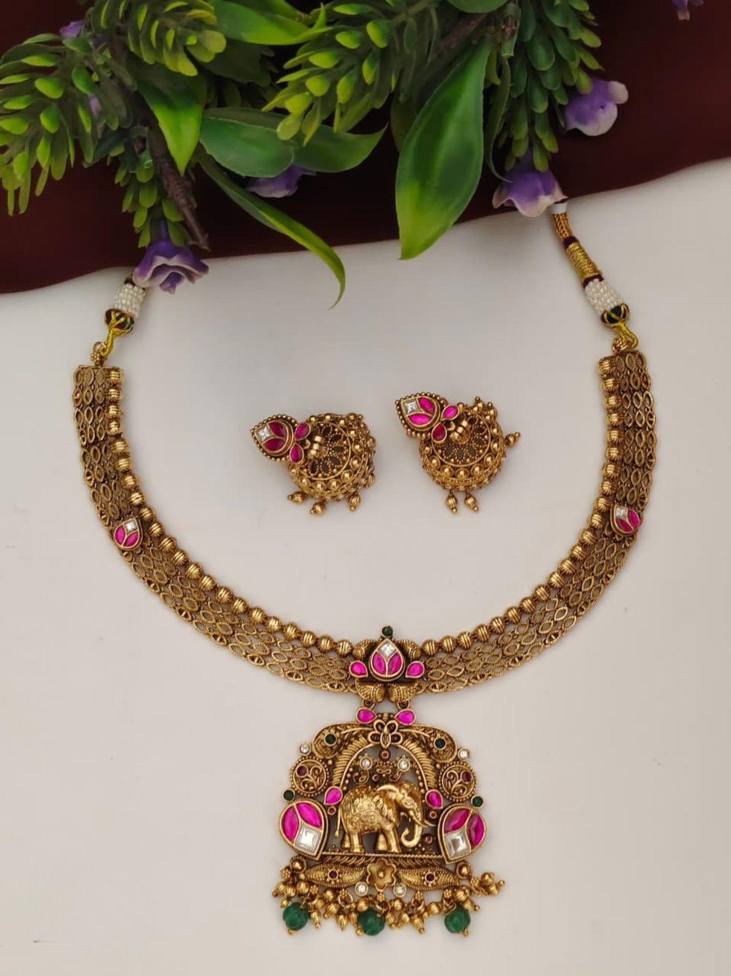 Elephant Design Short Necklace Set With Jhumkas