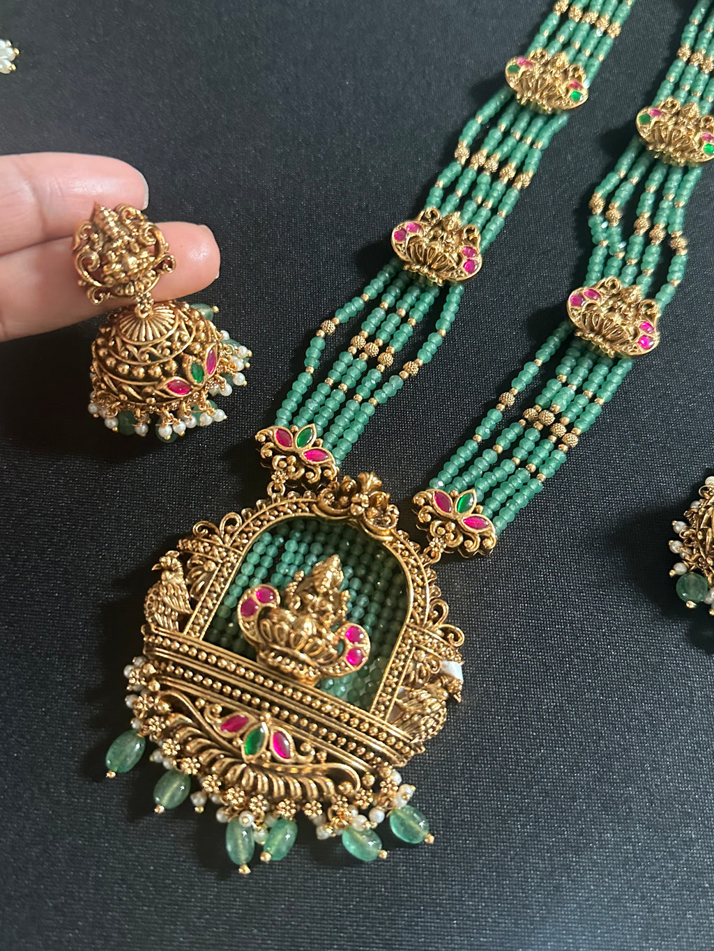 Green CZ Beads Pendant Set With Earrings