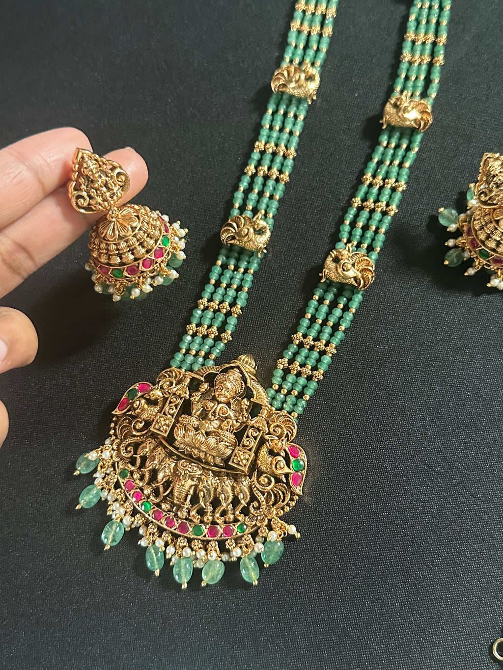 Green CZ Crystal Beads Pendant Set With Earrings