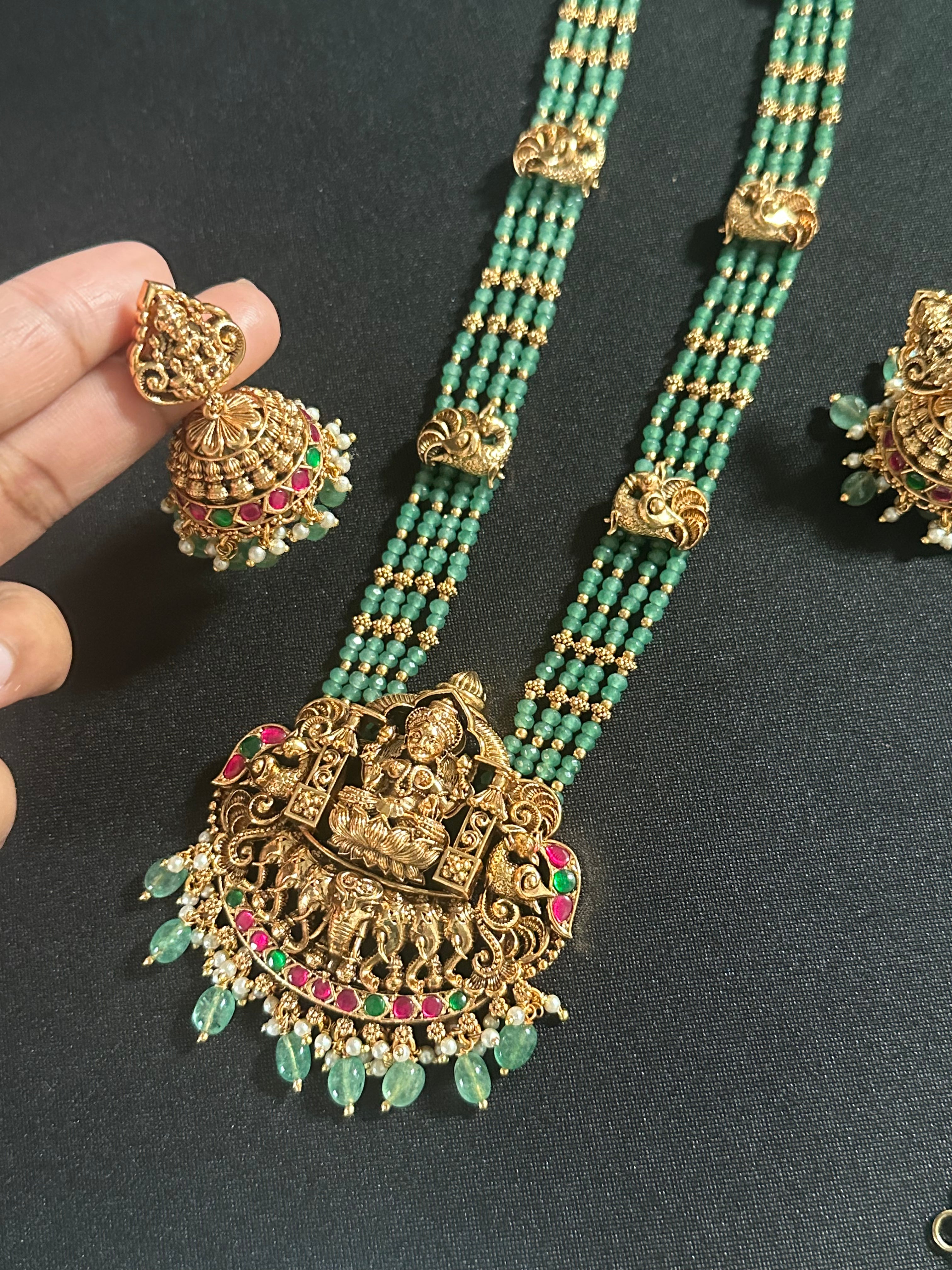 Green CZ Crystal Beads Pendant Set With Earrings