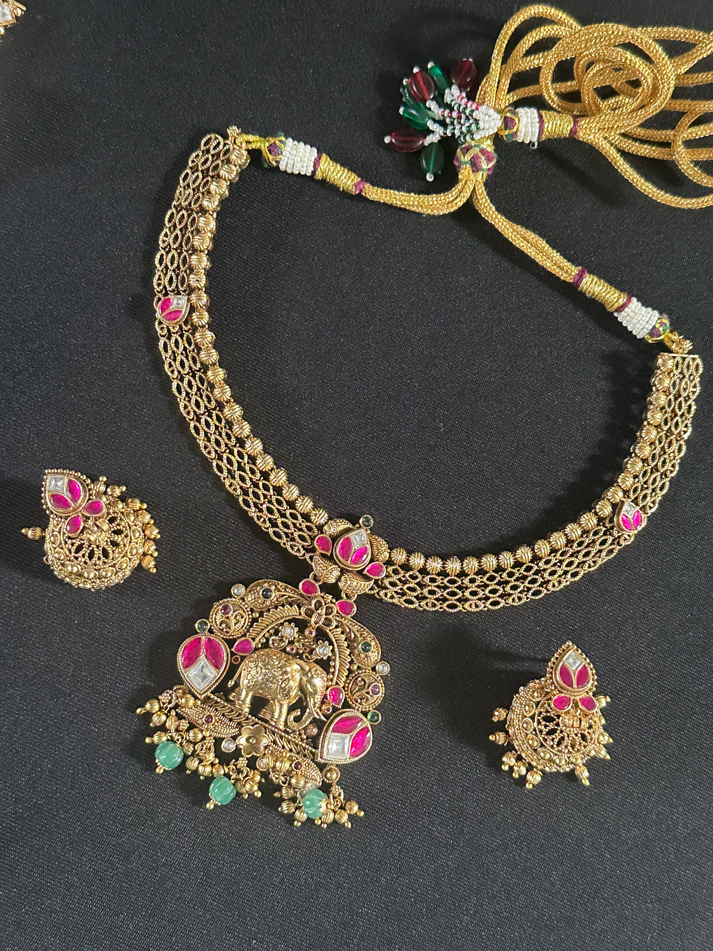 Elephant Design Short Necklace Set With Jhumkas