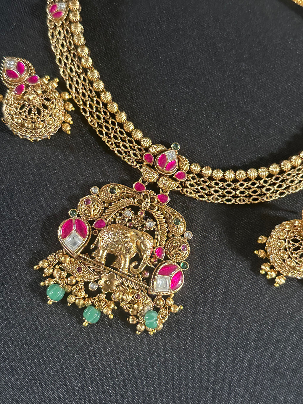 Elephant Design Short Necklace Set With Jhumkas