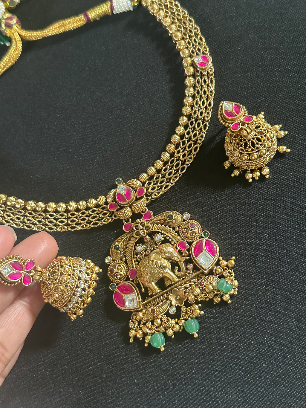 Elephant Design Short Necklace Set With Jhumkas
