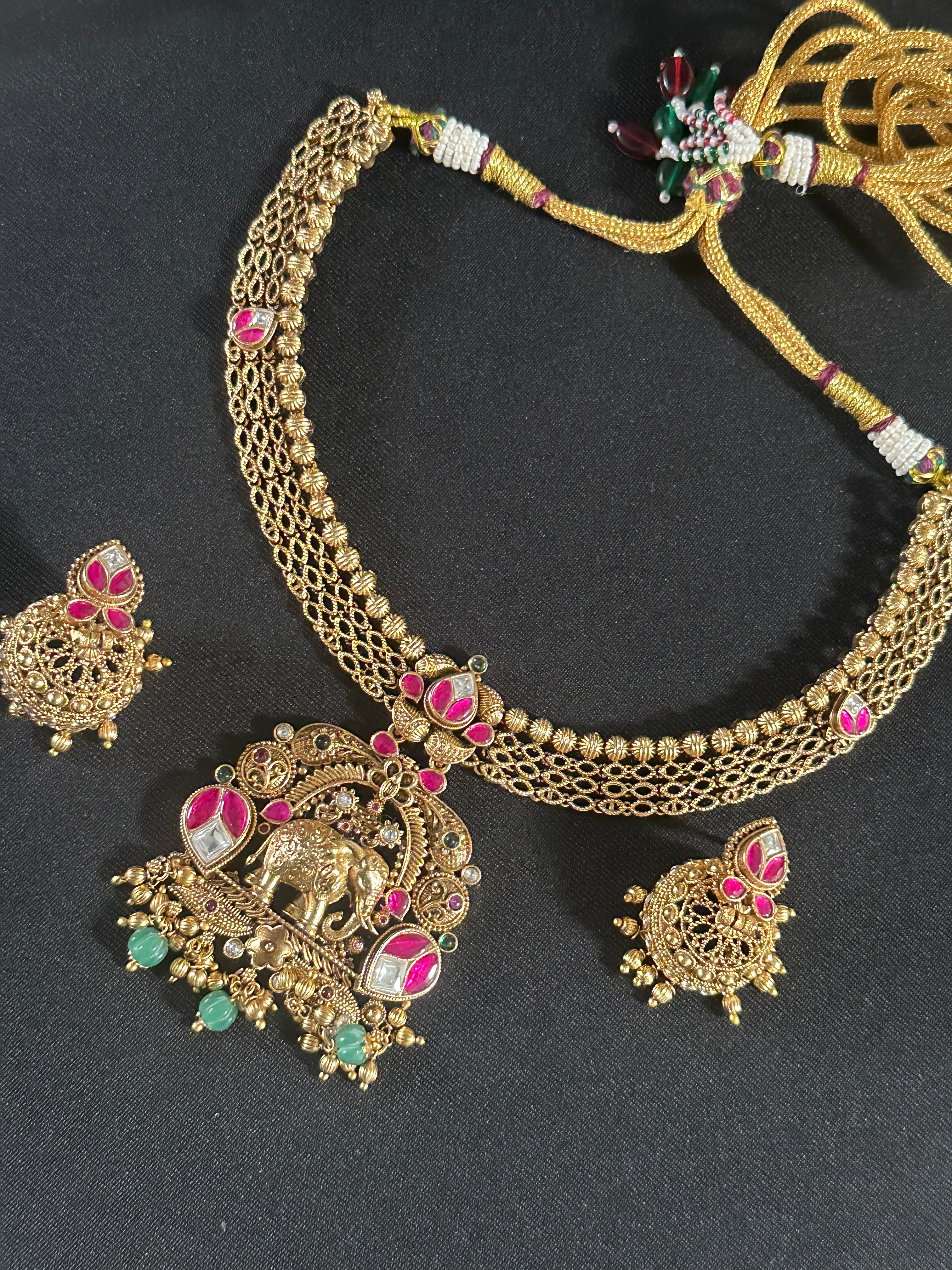 Elephant Design Short Necklace Set With Jhumkas
