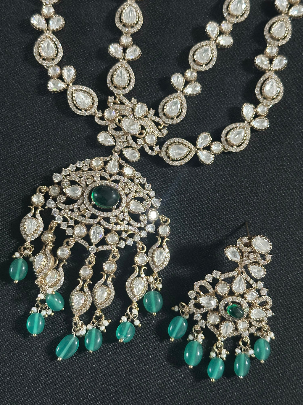 Victorian Finish 2 Layer Mossionite Green Kundan Set With Earrings