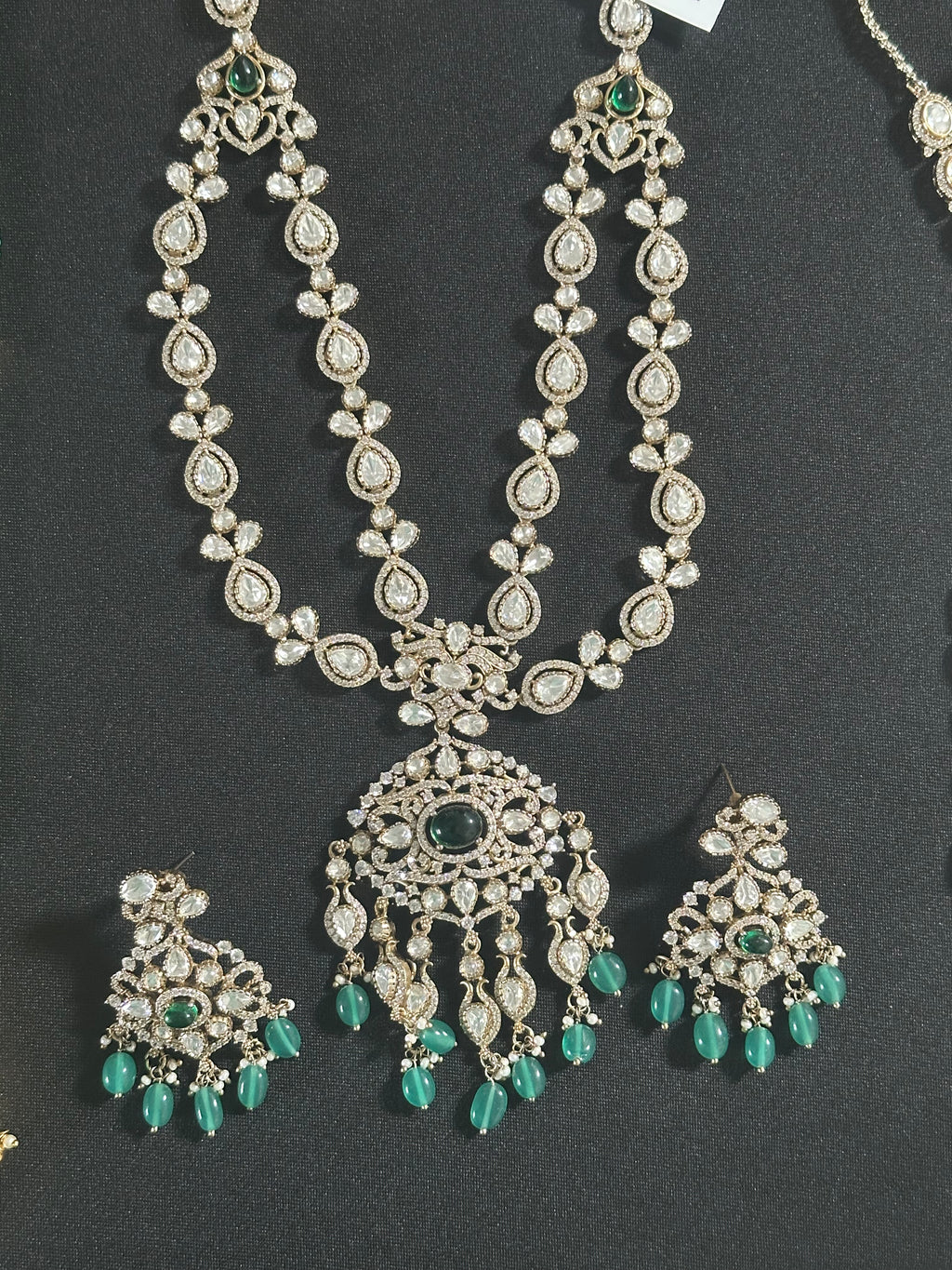Victorian Finish 2 Layer Mossionite Green Kundan Set With Earrings